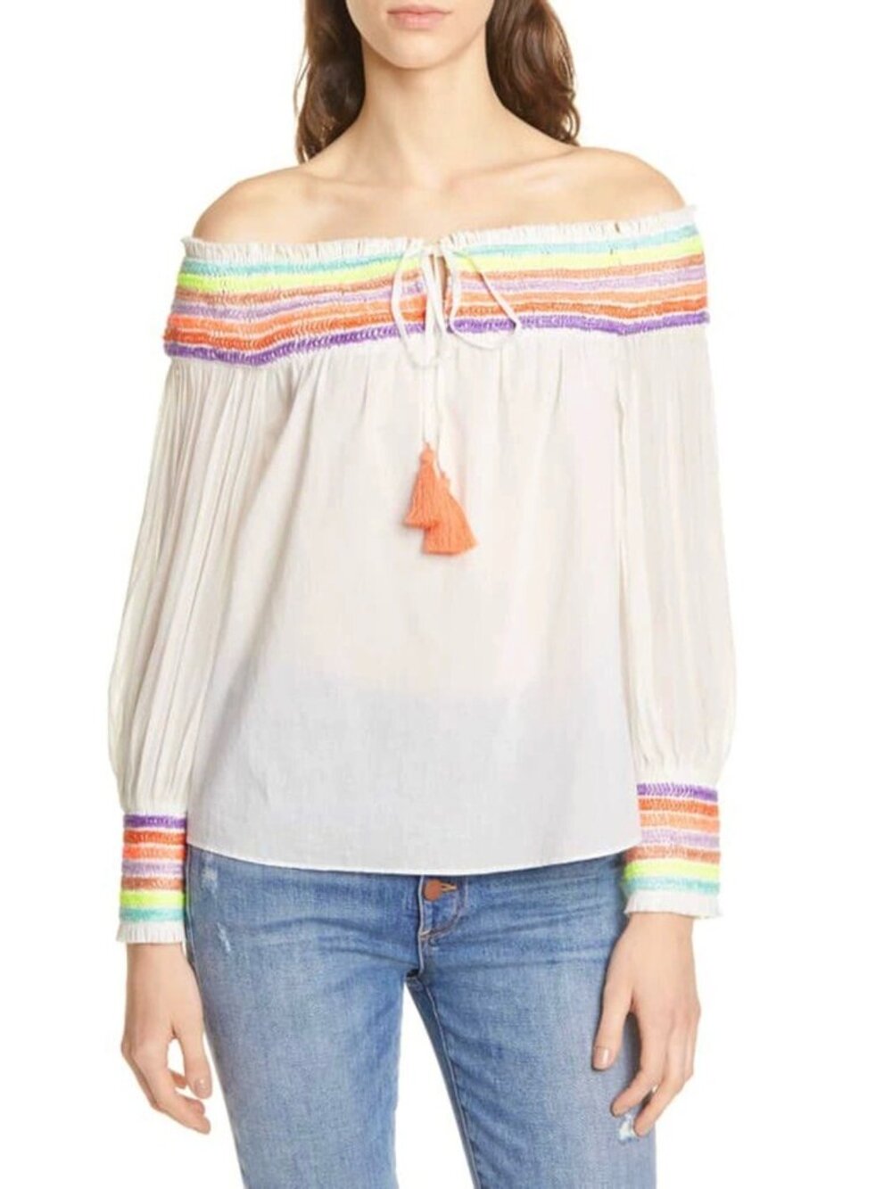 Alice + Olivia Rainbow Peasant Top Size M L Embroidered Blouse Off Shoulder